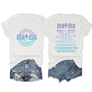 Detail of the Motherhood Tour printed graphic on white cotton T-shirt and denim shorts
