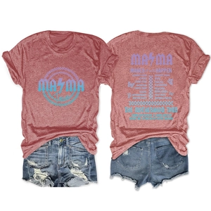 Detail of mama tour print on vintage red t-shirt with denim shorts outfit set