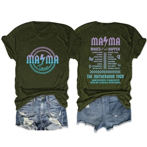 Detailed front and back view of army green cotton T-shirt with Mama tour graphic