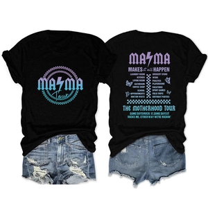 Detailed back print of the Mama Tour t-shirt featuring a funny daily parenting schedule