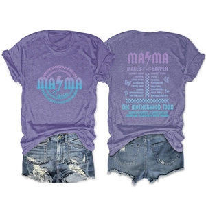 Detail view of the back graphic print on purple heather mama tour short sleeve t-shirt