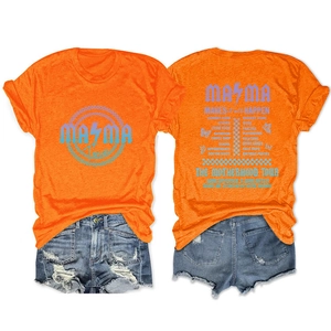 Detail view of orange t-shirt showing Mama print on front and motherhood list on back