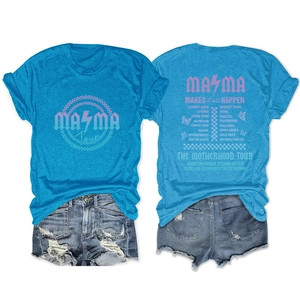 Detail of blue MAMA Tour t-shirt with pink graphic back and distressed denim shorts