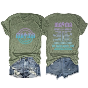 Flat lay of Army Green Mama Makes It All Happen T-shirt with double-sided rock tour print