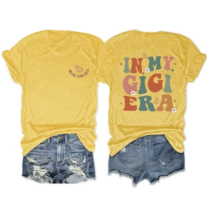 Front and back view of In My Gigi Era t-shirt with floral print and denim shorts