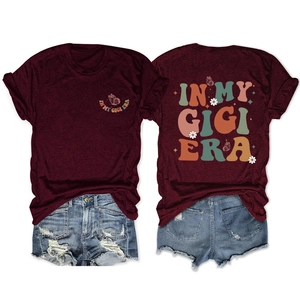 Detail view of burgundy T-shirt with vintage In My Gigi Era butterfly back print