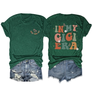 Detailed front and back view of dark green t-shirt with butterflies and In My Gigi Era text