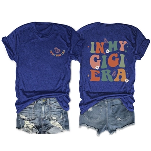 Front and back detail of In My Gigi Era t-shirt with colorful butterfly and floral prints