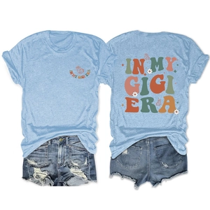 Front and back detail of In My Gigi Era light blue t-shirt with butterfly print and shorts