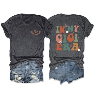 Detailed front and back view of In My Gigi Era t-shirt with retro butterfly prints