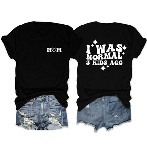 Front and back detail of black T-shirt with 'I WAS NORMAL 3 KIDS AGO' print and ripped jeans