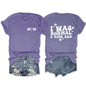 Detailed flat lay of purple Mom t-shirt with slogan print and denim shorts set