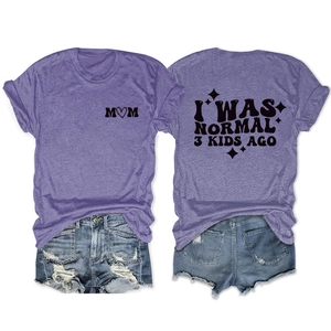 Detail of MOM print and I WAS NORMAL 3 KIDS AGO quote on purple summer cotton T-shirt