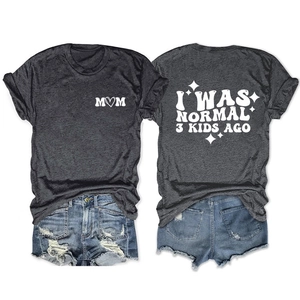 Front and back detail of grey t-shirt with I WAS NORMAL 3 KIDS AGO white slogan print