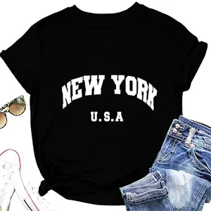 T-Shirt à Manches Courtes Décontracté pour Femmes Mélange de Coton Imprimé New York USA Col Rond Top d'Été Ample