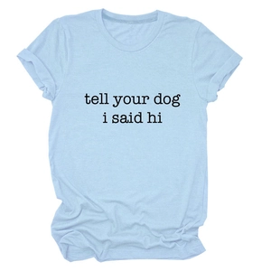 Detailed view of Tell Your Dog I Said Hi lettering on light blue cotton T-shirt