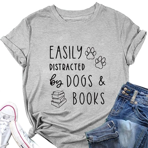 Detail of casual gray T-shirt with dog and book print styled with jeans and shoes