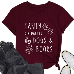 Detail of burgundy T-shirt with Easily Distracted by Dogs and Books print and crew neck