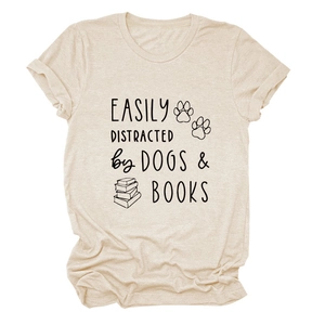 Detail of Dogs & Books graphic print on beige cotton T-shirt with knit texture