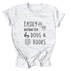 Close-up of the high-quality black printed text and graphics on the heather white t-shirt