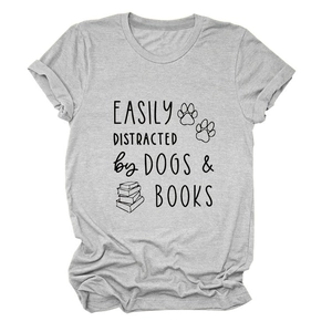 Detail of grey cotton T-shirt featuring Distracted by Dogs & Books graphic print