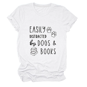 Detail view of cotton t-shirt with Easily Distracted by Dogs and Books slogan print