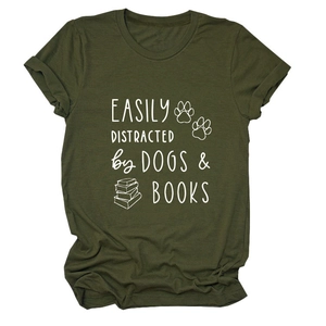 Detail of dog and book graphic on olive green cotton blend casual crewneck t-shirt