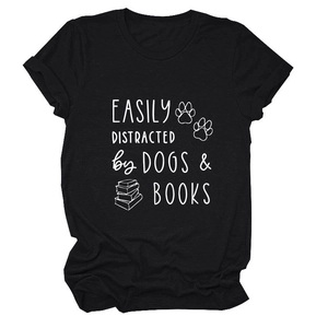 Detail of cotton crew neck tee featuring Easily Distracted by Dogs & Books graphic print
