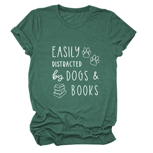 Close-up of screen-printed dogs and books text on casual dark green t-shirt