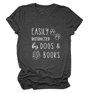 Dark charcoal t-shirt featuring dog paw and book graphic with easily distracted text