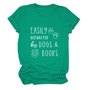 Detail of green cotton t-shirt with Easily Distracted by Dogs and Books print