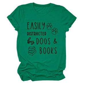 Detail of green cotton T-shirt featuring easily distracted by dogs & books graphic