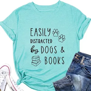 Women Casual Cotton Blend T-Shirt Short Sleeve Round Neck Loose Fit Graphic Print Slogan Dogs Books Literary Lover