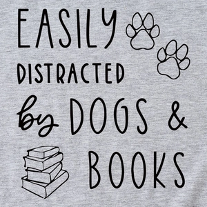 Grey cotton t-shirt with Easily Distracted by Dogs and Books print and graphic icons