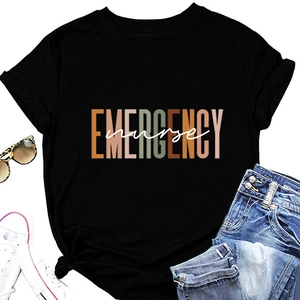 Close-up of Emergency Nurse print on black cotton tee with knotted hem and casual props