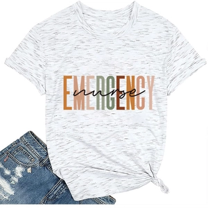 Detail view of the Emergency Nurse letter print on white heathered cotton T-shirt fabric