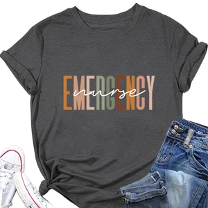 Flat lay of charcoal grey emergency nurse t-shirt with blue jeans and sneakers