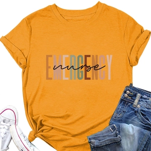 Flat lay of yellow Emergency Nurse t-shirt with rolled sleeves and side knot detail