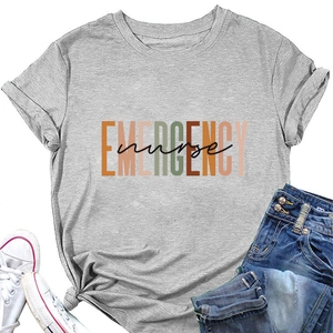 Flat lay of gray emergency nurse cotton t-shirt styled with jeans and white sneakers