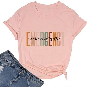 Detail of pink t-shirt with EMERGENCY nurse print featuring cuffed sleeves and hem knot