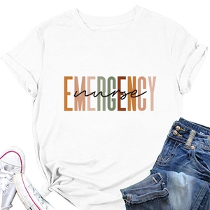 Macro detail of Emergency Nurse print on white cotton t-shirt styled with denim jeans