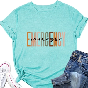 Close-up of Emergency Nurse print on mint green short sleeve summer T-shirt for women