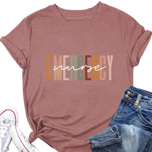 Close-up of Emergency Nurse print on dusty pink summer T-shirt with front knot detail