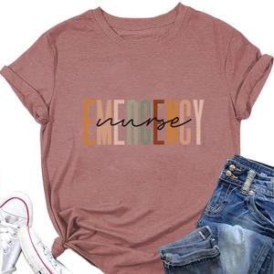 Flat lay of dusty pink Emergency Nurse T-shirt styled with jeans and white canvas shoes
