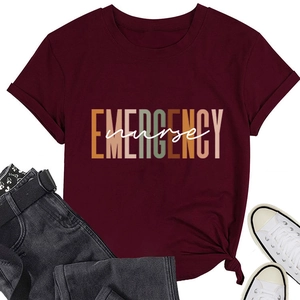 Close-up of the EMERGENCY nurse print on a burgundy short-sleeve cotton T-shirt