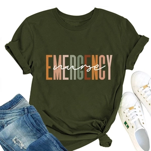 Flat lay of olive green Emergency Nurse t-shirt styled with denim and sneakers