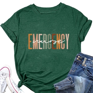 Flat lay of emergency nurse t-shirt in dark green cotton with jeans and sneakers