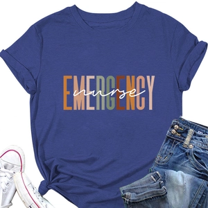 Detail of navy blue emergency nurse t-shirt featuring front lettering and a stylish hem knot