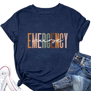 Flat lay of navy blue emergency nurse cotton t-shirt with jeans and canvas sneakers