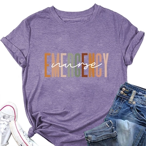 Detail of purple Emergency Nurse T-shirt showing cotton fabric texture and rolled sleeves